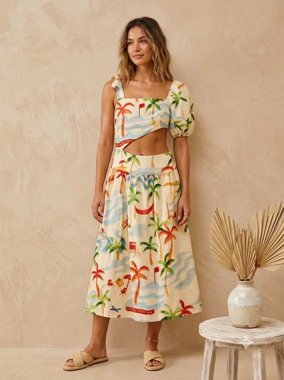 Farm Rio Copacabana Midi Dress Small Linen Blend Square Neck NWT